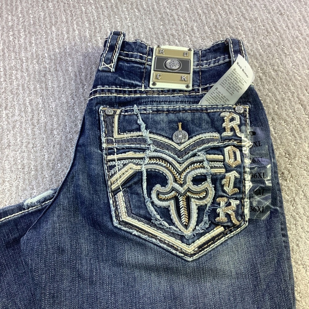 Rock Revival Callan Slim Boot Jeans Blue Distressed Mens 36 x 36 NWT